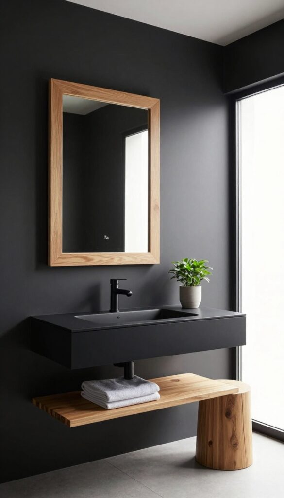 Small dark bathroom with a matte black floating vanity, warm wood-framed mirror, wood shelf, and wood stool in bright natural light