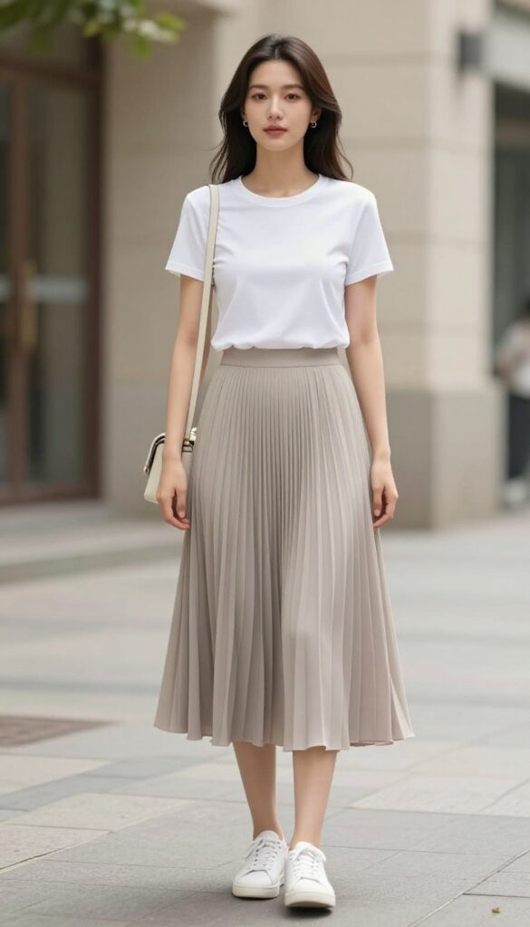 Woman wearing a fitted white tee tucked into a flowing pleated midi skirt with sneakers and a crossbody bag, styled for an elegant casual daytime outfit.