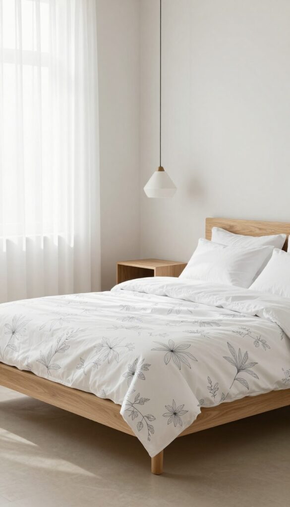 Modern minimalist bedroom with a white comforter featuring thin black line-art floral outlines, styled with structured geometric furniture and bright natural light.