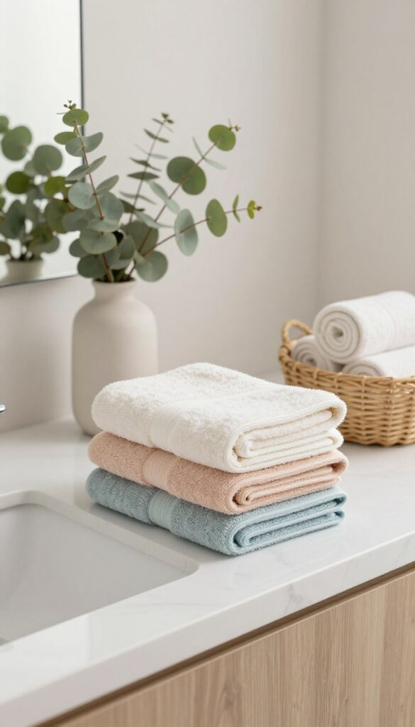 Bright bathroom counter styled with a stack of folded hand towels in seasonal colors, a basket of rolled towels, and a small vase of eucalyptus in natural light