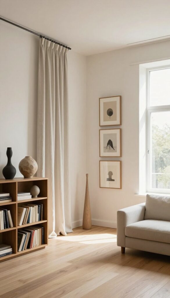 Bright square living room with a tall narrow bookcase, floor-to-ceiling curtains, a vertical mirror, and stacked frames that draw the eye upward and balance the room's proportions.