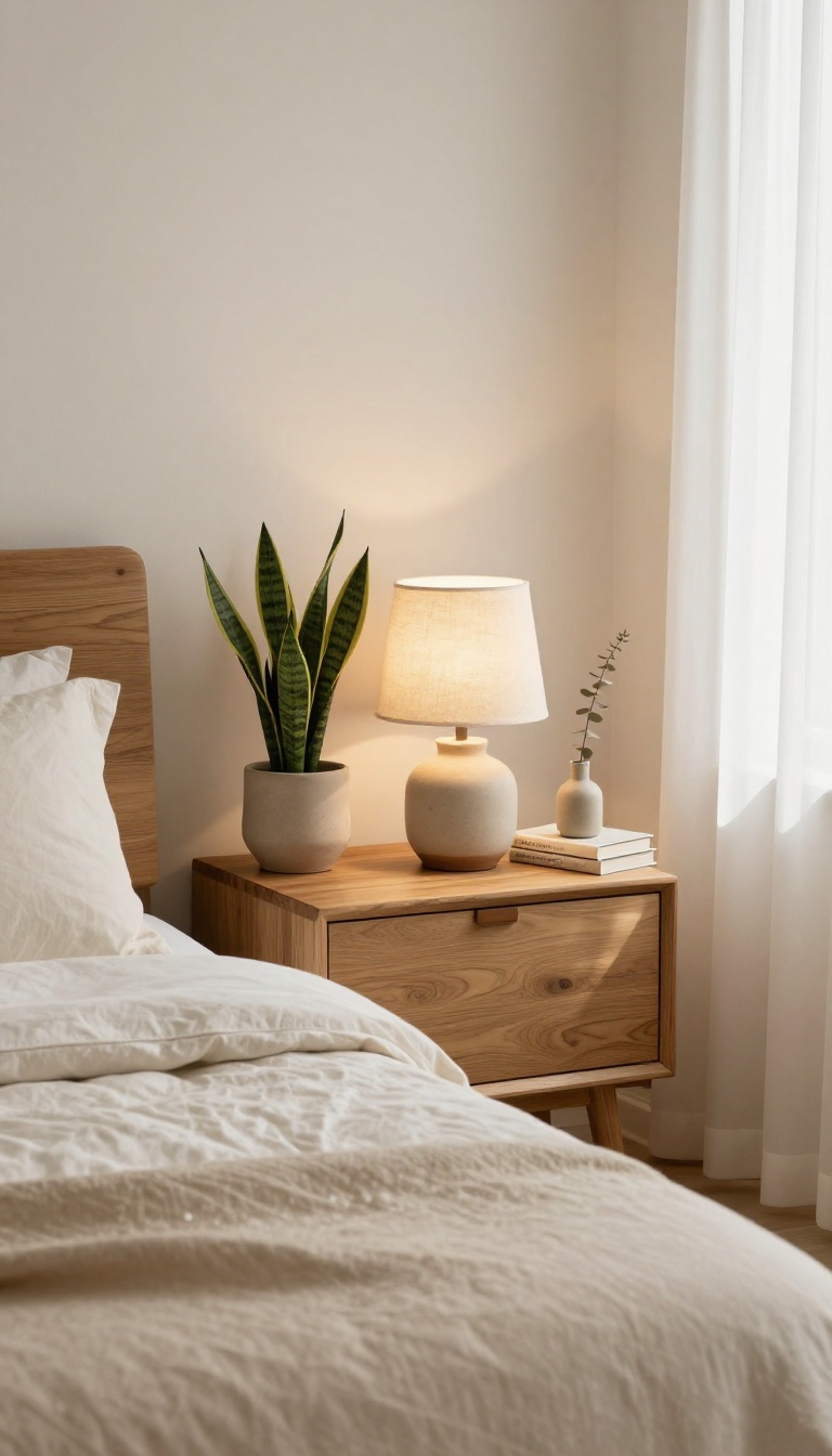 Cozy neutral Pottery Barn-style nightstand with a ceramic lamp, small potted plant, stacked books, and a dried stem in a bud vase in soft natural light