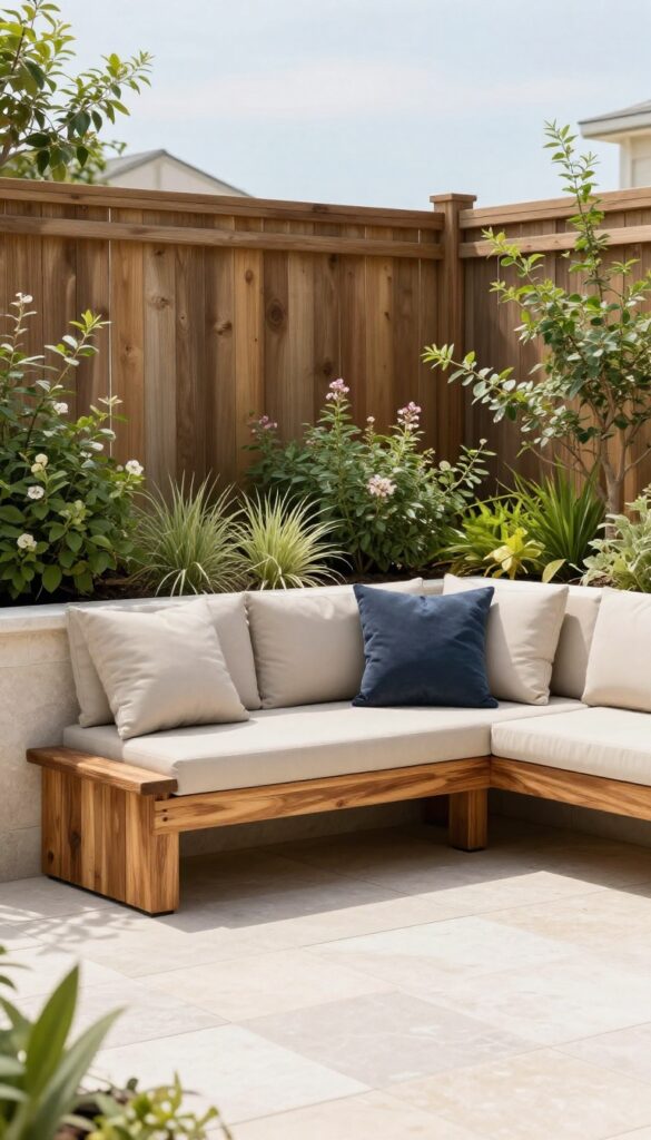 Bright front yard patio with a built-in wooden bench along a low retaining wall, topped with neutral cushions and one accent pillow, surrounded by plants and stone pavers.