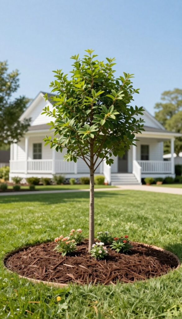 Young statement tree centered in a circular mulch bed on a manicured farmhouse front lawn with soft flowering plants around its base and a white farmhouse in the background under bright natural light