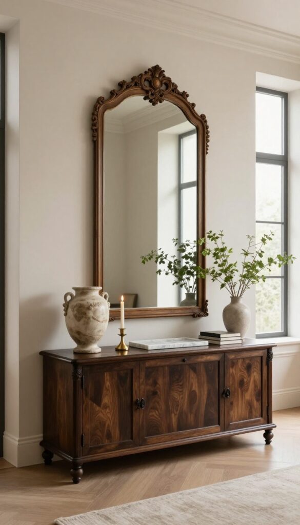 Elegant formal living room console styled with an oversized ornate mirror, a sculptural urn, brass candle holder, books, and fresh greenery, with plenty of open space for a curated antique-inspired look.