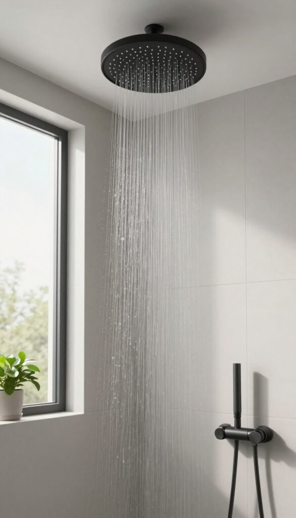 Modern bathroom with a ceiling-mounted matte black rainfall showerhead releasing a wide gentle flow of water in a bright, clean, spa-like shower enclosure