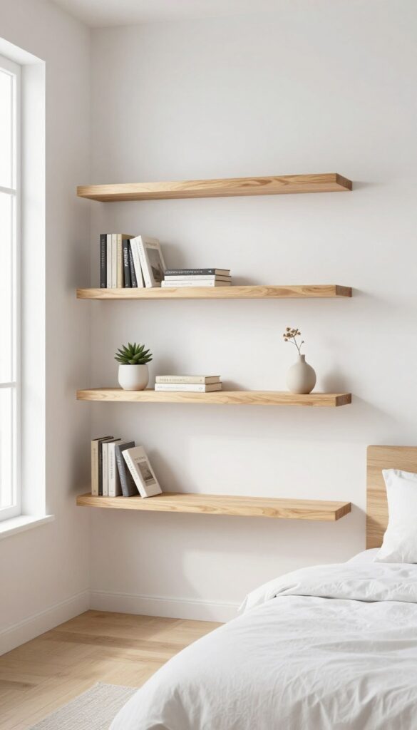 8. Wooden Floating Shelves for Subtle Storage idea