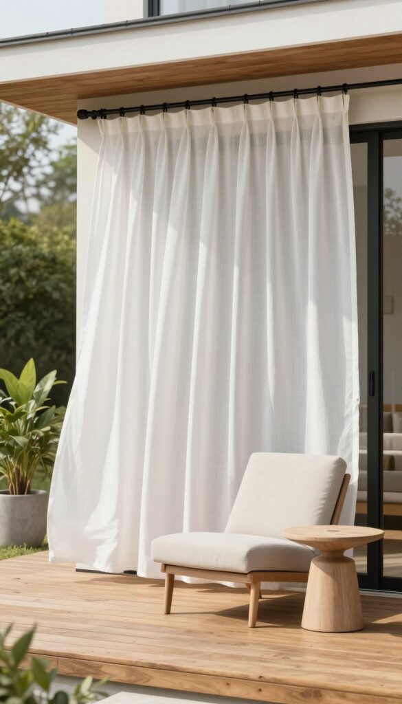Front deck styled with soft white outdoor curtains on a slim rod under a wood overhang, a neutral lounge chair, side table, and potted plants, creating a cozy boutique outdoor room in bright natural light