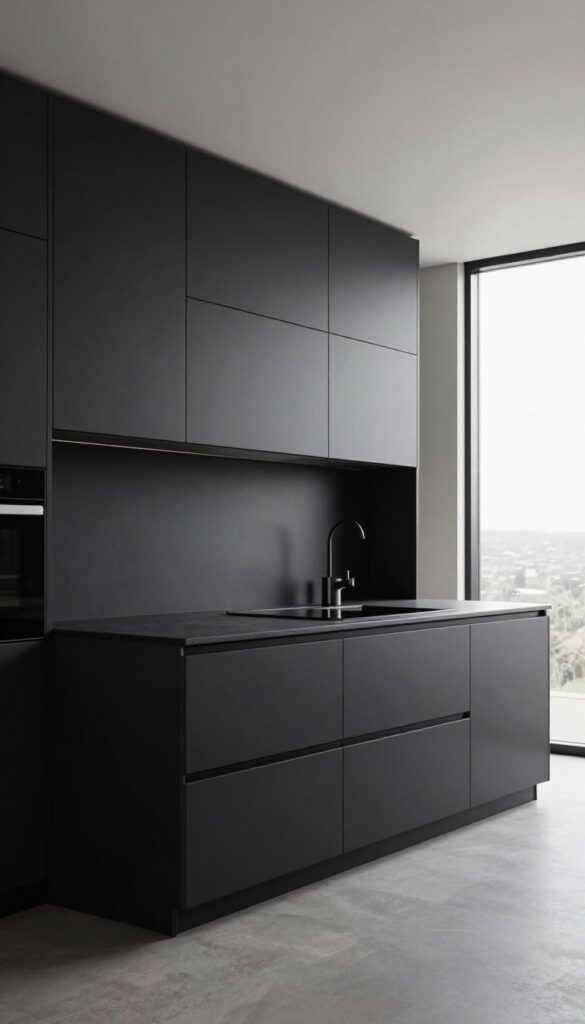 Sleek black kitchen with flat-panel cabinets, integrated appliances, and clean uncluttered countertops in bright natural light