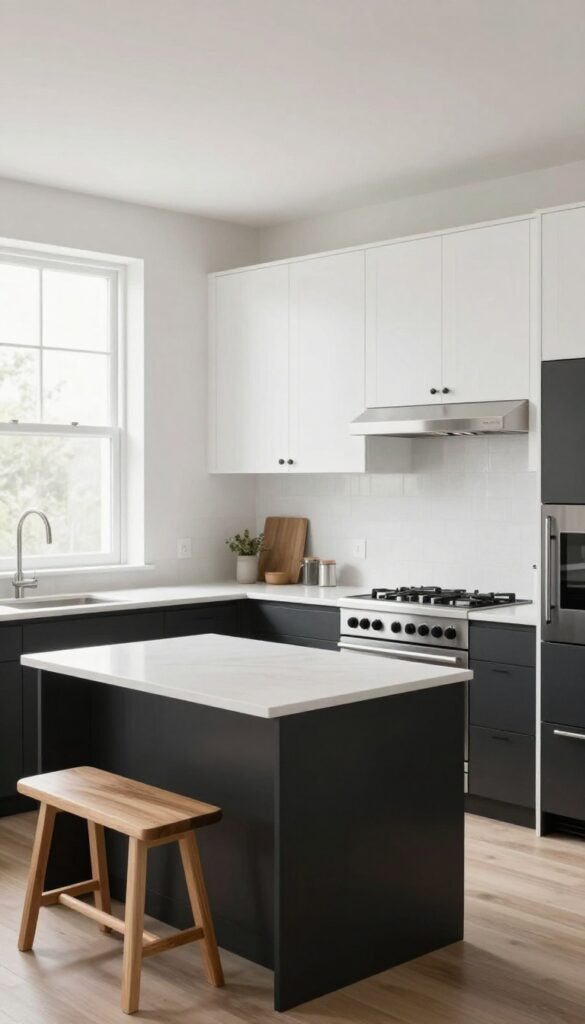 Bright black and white kitchen with black lower cabinets, white uppers, white quartz countertops, and stainless steel appliances in natural light