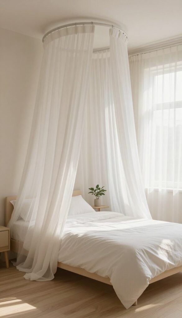 Bright modern single bed bedroom with sheer ceiling-mounted canopy drapes softly framing the bed and grazing the floor