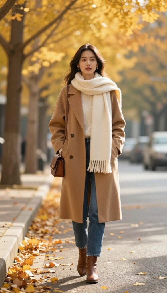 Woman in camel wool coat and cashmere scarf walking on an autumn street, embodying old money style.