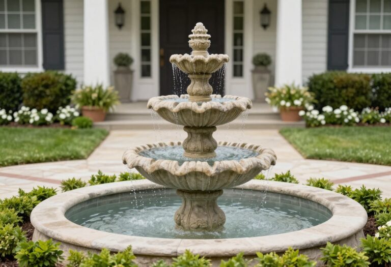 Classic tiered stone water fountain centered in a bright front yard with low flowering shrubs and a clean walkway