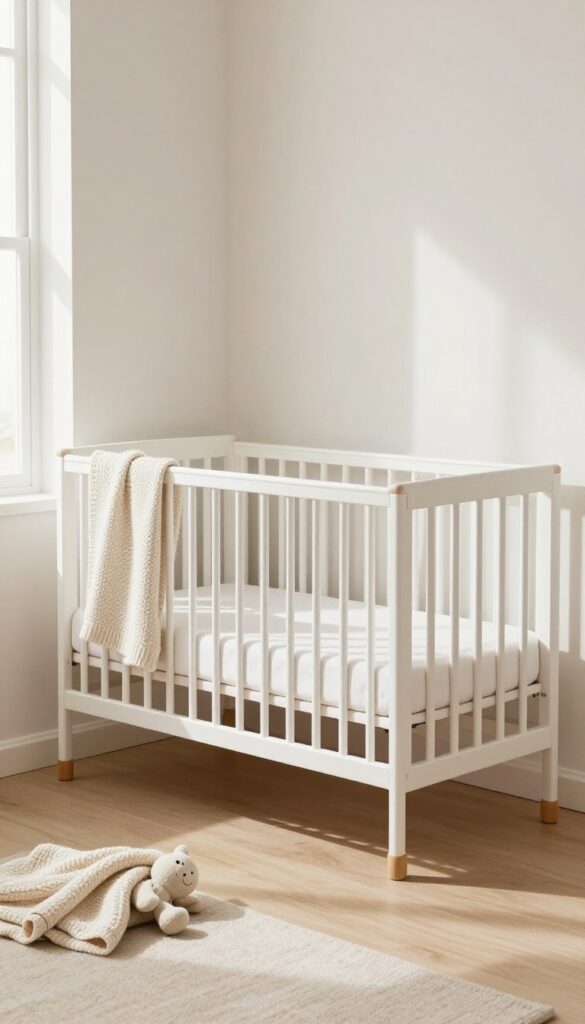 Compact white mini crib in a bright shared bedroom with simple neutral decor and open floor space