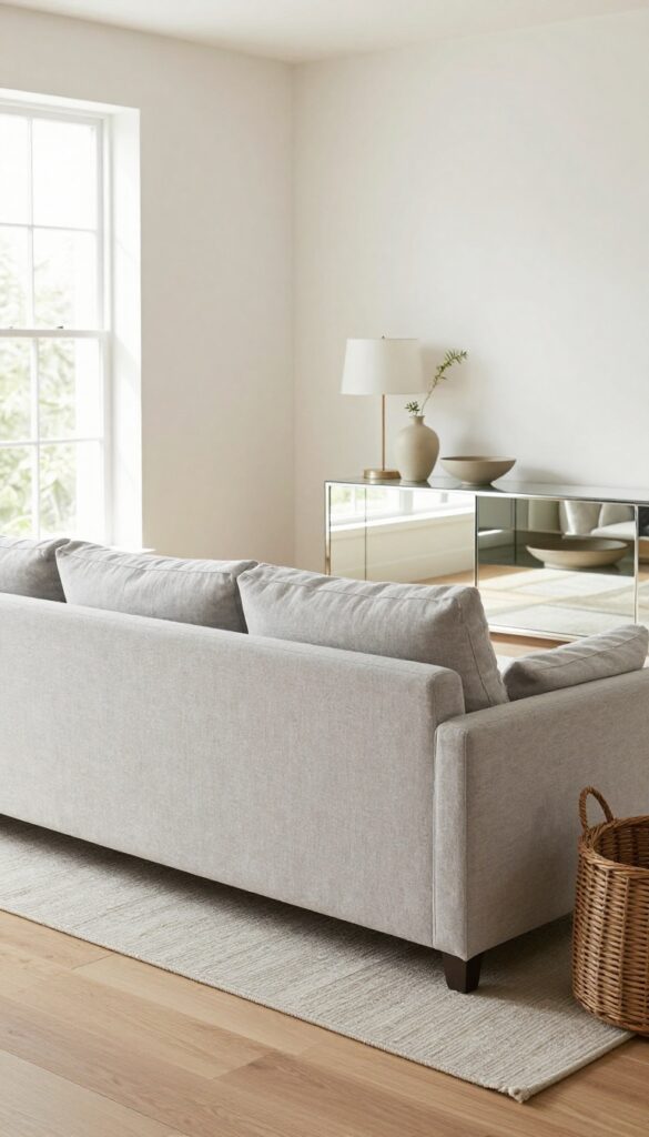 Bright living room with a mirrored console table behind a light gray sofa, styled with a lamp, tray, and vase, reflecting natural light.