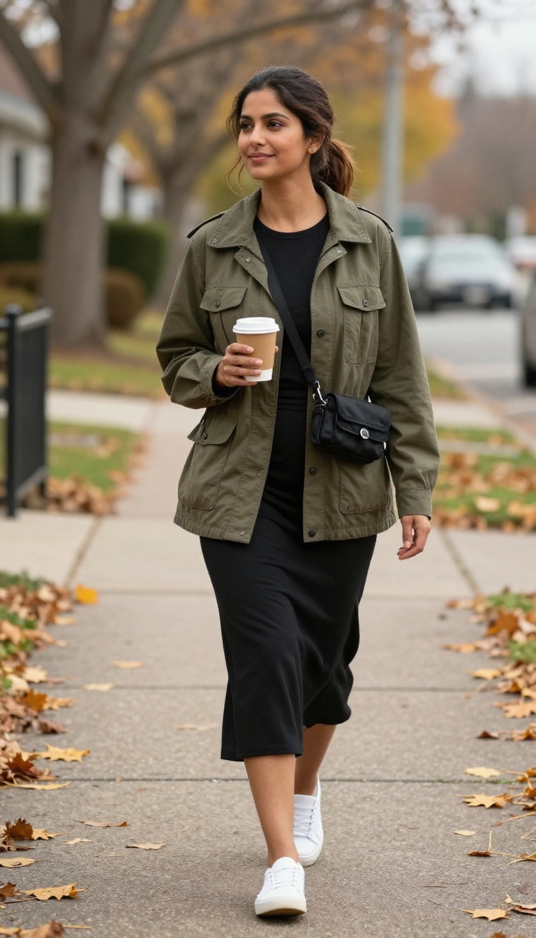 7. Utility Jacket and Jersey Flared Skirt for Errands