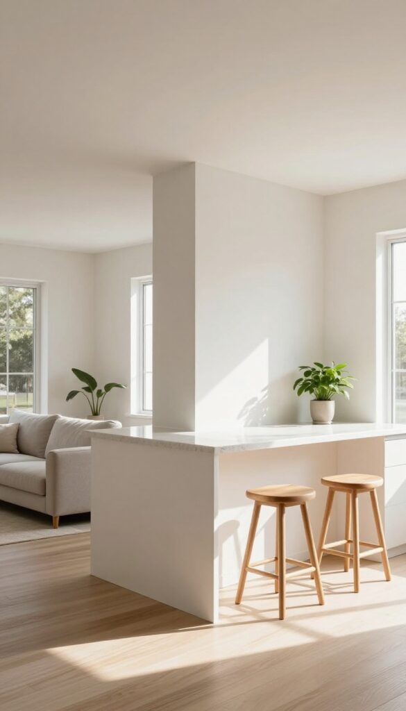 Bright open-plan kitchen and living room divided by a white half wall with a quartz countertop extension and wooden bar stools, lit by natural light.