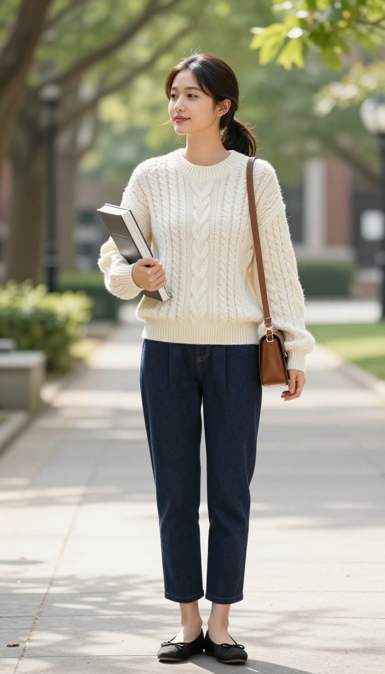 2. Cable-Knit Sweater and Pleated Skirt