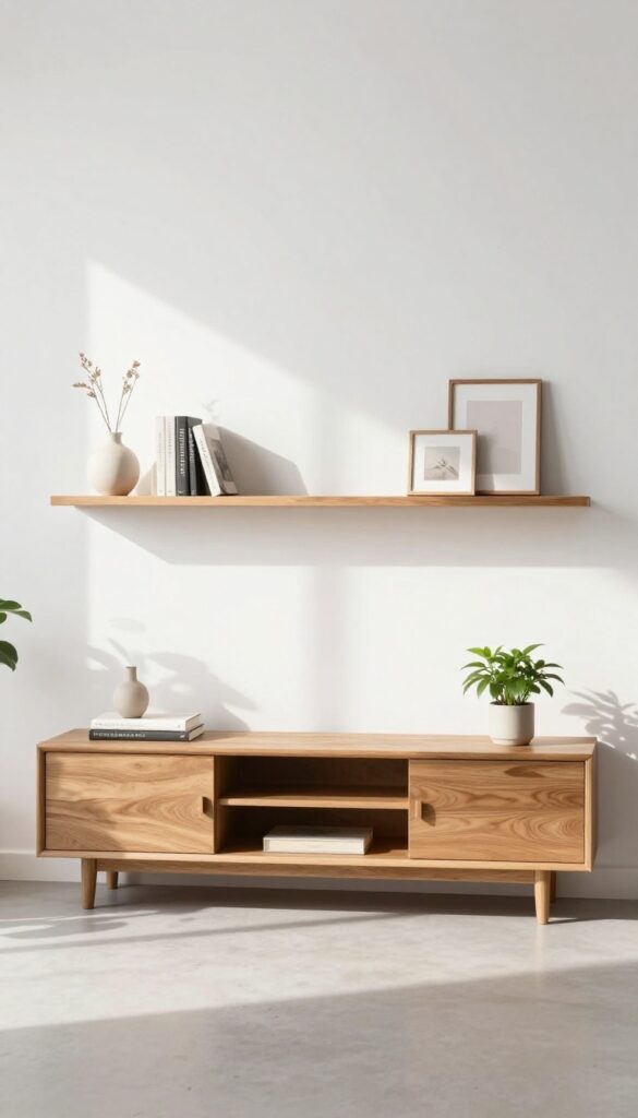 Bright living room with floating shelves mounted above a low wooden media console, styled with books, a vase, a small plant, and matching frames.
