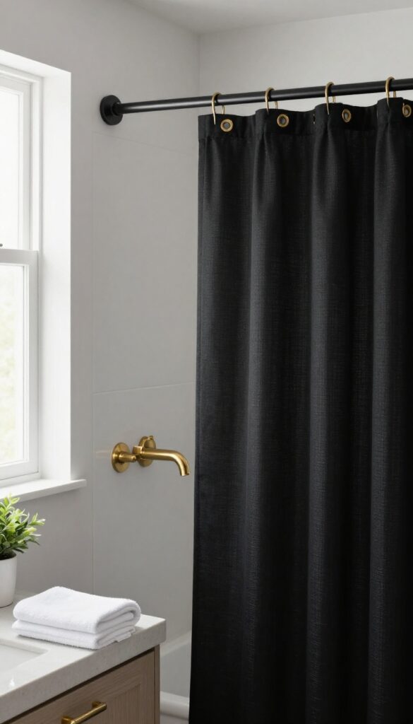 Bright bathroom with a textured black shower curtain, brushed gold curtain rings, gold faucet, and gold cabinet handles, styled with neutral tones and natural light.