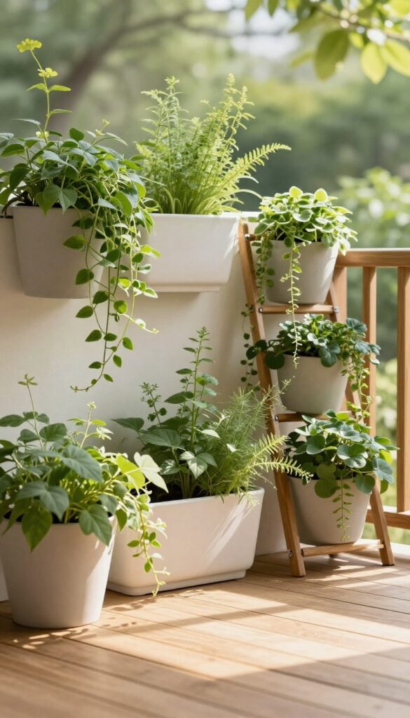 Compact wooden deck with a lush vertical garden wall of trailing vines and herbs in neutral wall planters, bright natural light and clean open floor space
