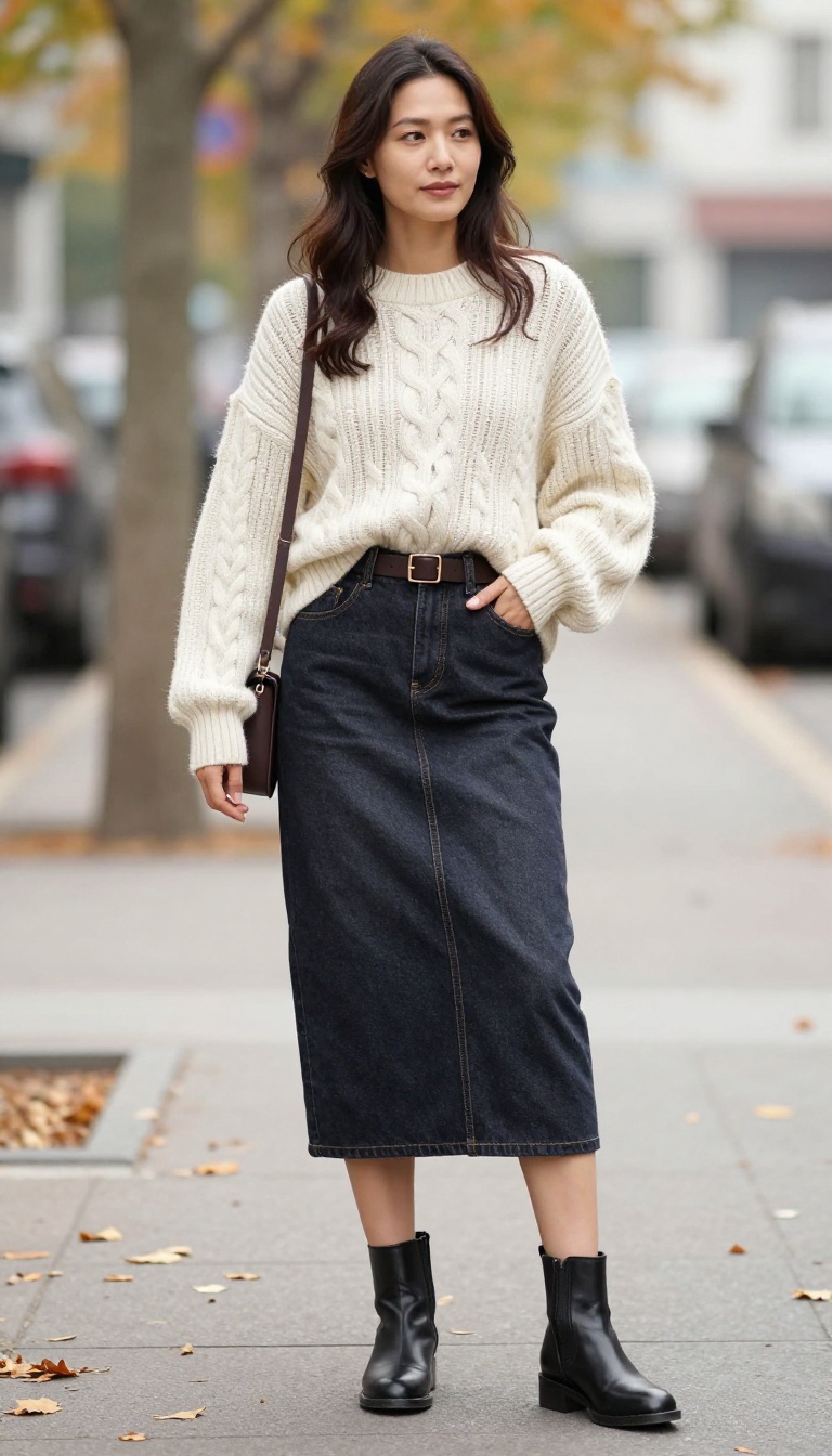 1. Denim Midi Skirt with a Chunky Belt and Cable Knit