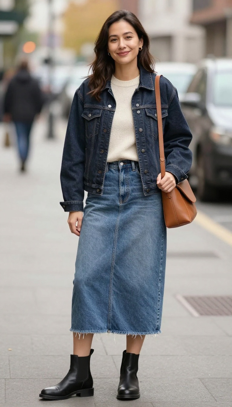 5. Dark Wash Jean Jacket with a Denim Skirt and Knit Sweater
