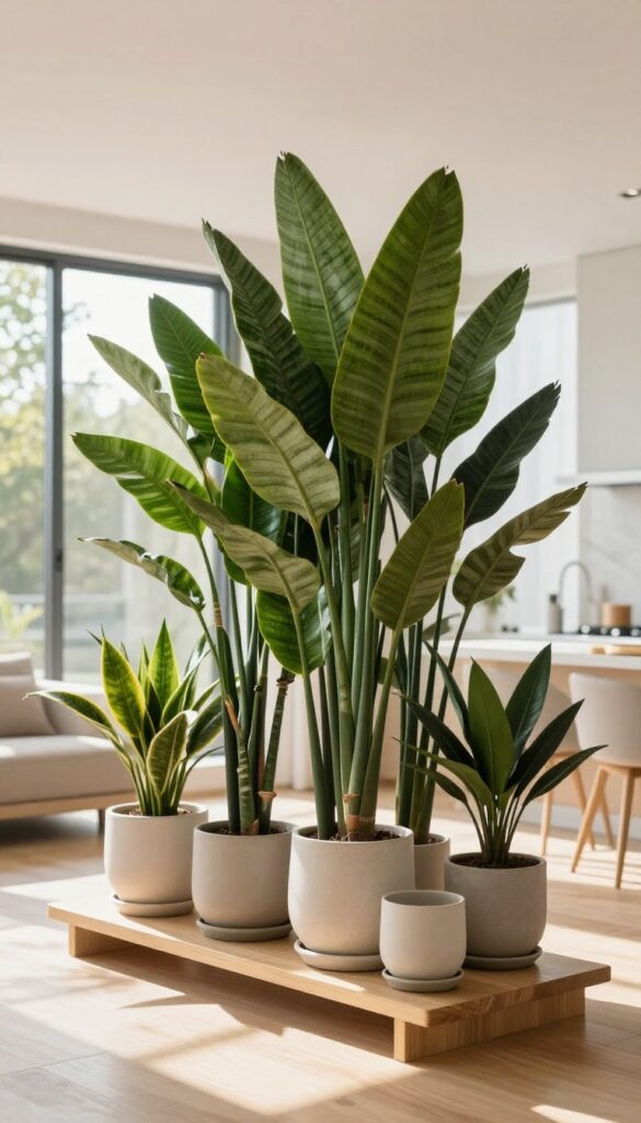 Bright open kitchen and living room divided by a row of tall potted plants on wooden stands and a low shelf in matching ceramic pots.