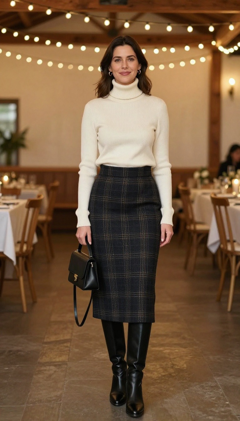 12. Plaid Skirt with a Turtleneck and Tall Boots