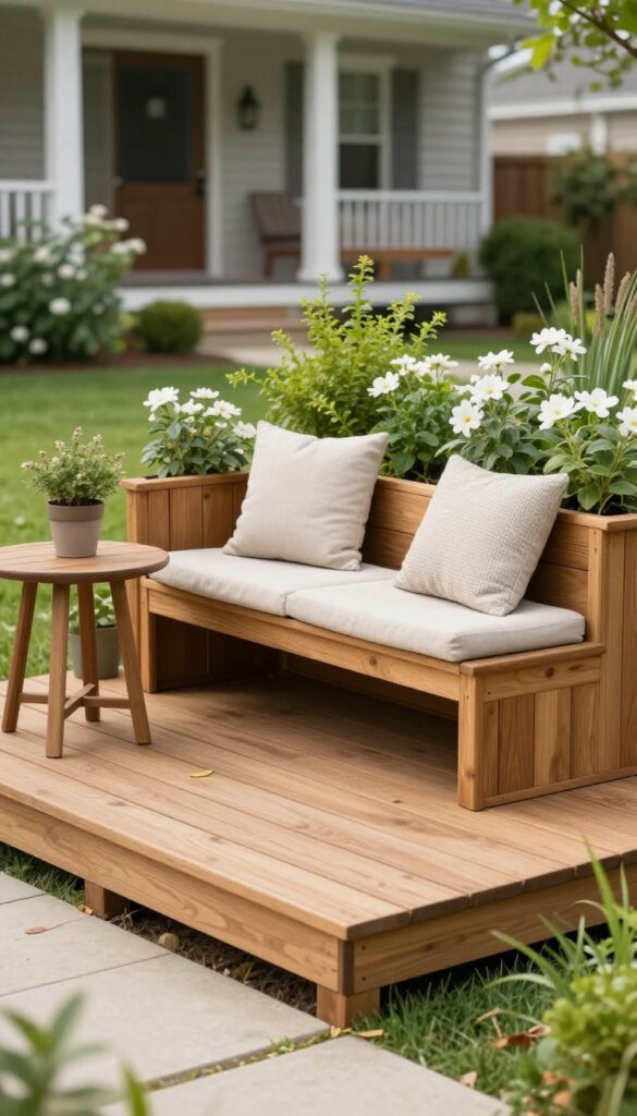 Small raised wooden platform seating area with warm cedar deck boards, outdoor loveseat, side table, and corner planters in a cozy front yard on a sunny day