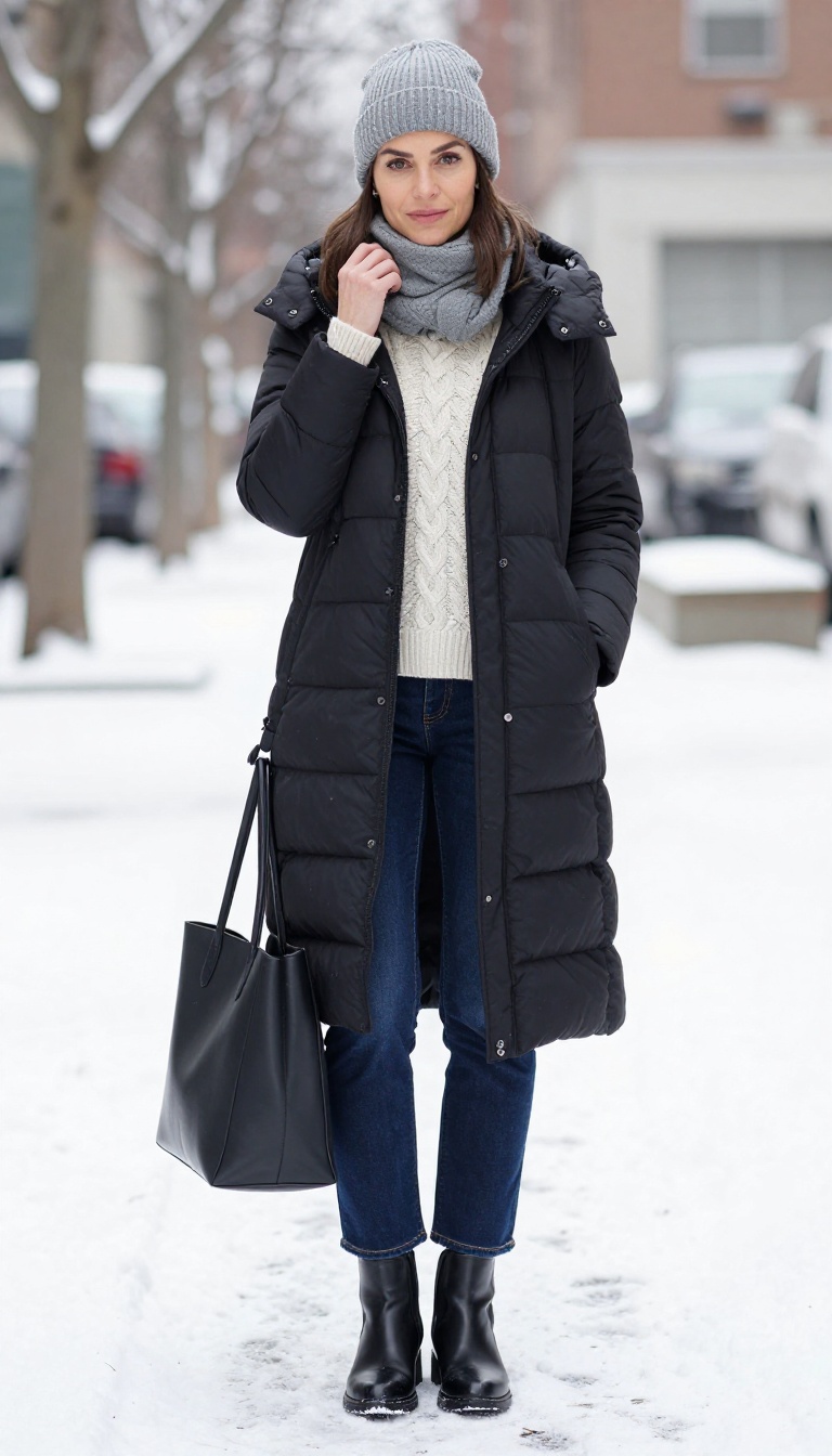 7. Straight Leg Jeans + Cable Knit + Puffer Coat