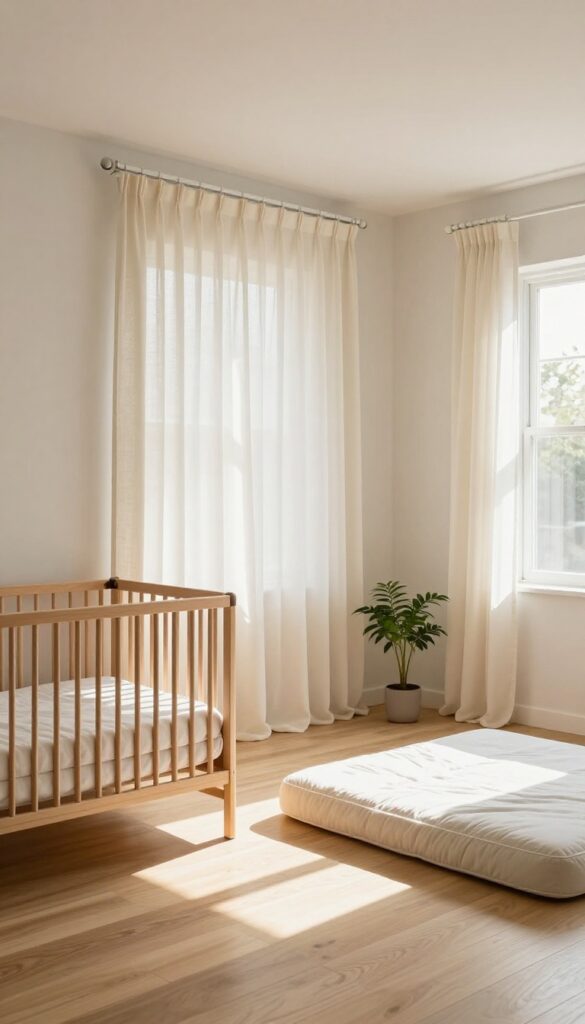 Bright small bedroom with sheer neutral curtains on a ceiling track dividing a crib area from a toddler bed, soft natural light, clean minimalist decor.