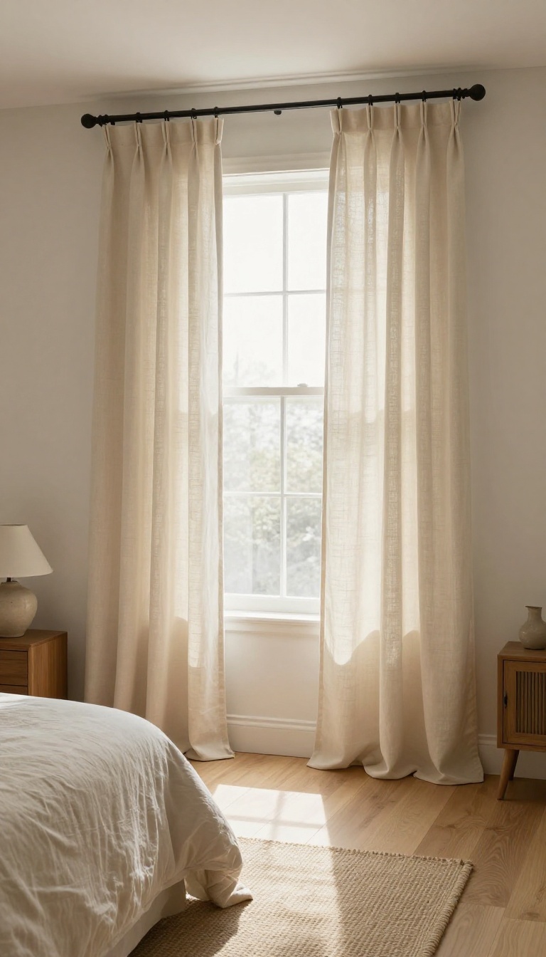 Neutral bedroom with cream linen curtains hung high and wide near the ceiling, letting in soft natural light and creating an airy, cozy feel.