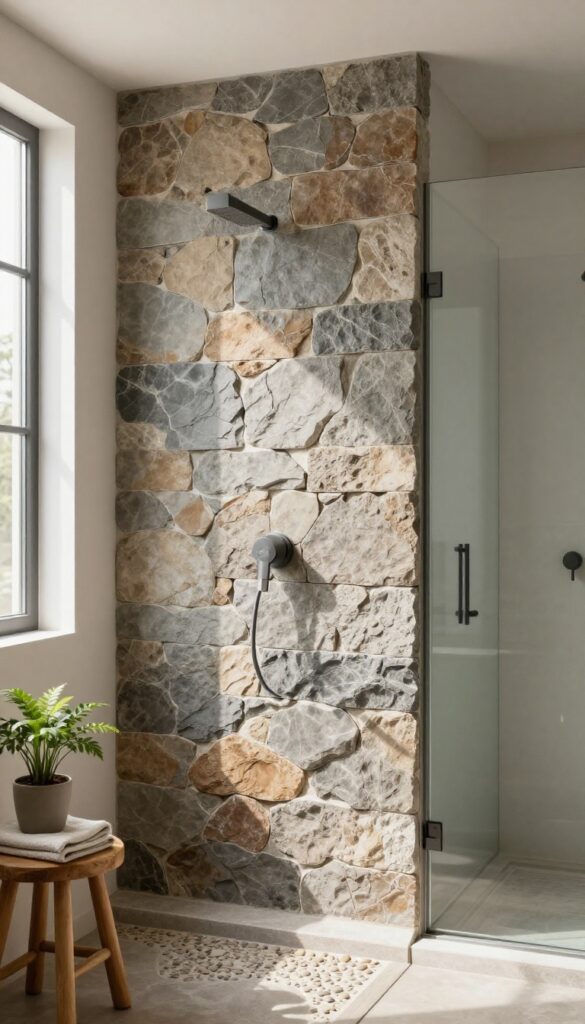 Rustic walk-in shower with a textured natural stone feature wall in earthy tones, bright natural light, and simple surrounding surfaces