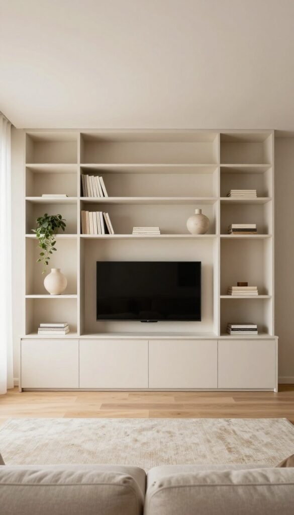 Bright living room with a seamless built-in wall unit framing a television, closed base cabinets, and open shelves styled with neutral decor.