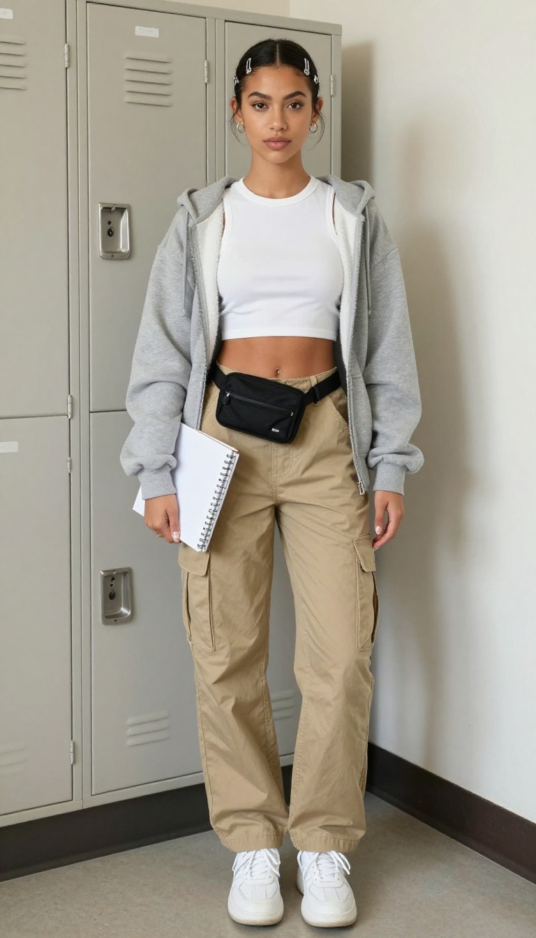 4. Cargo Pants + Crop Top + Zip-Up Hoodie