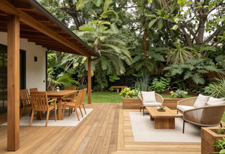 Photorealistic backyard deck divided into a dining zone and a lounge zone with a clear walking path, planters, and bright natural light
