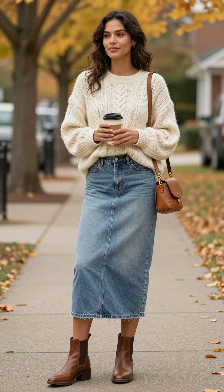 1. Oversized Cable-Knit Sweater and Ankle Boots