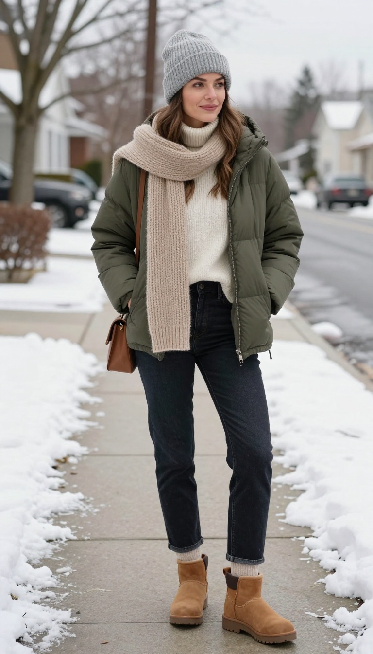 10. Chunky Scarf and Beanie with a Puffer Jacket and Jeans