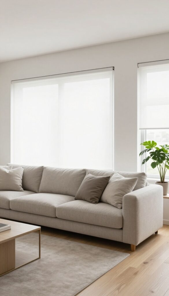 Modern living room with sleek white roller blinds filtering bright natural light over a neutral minimalist space