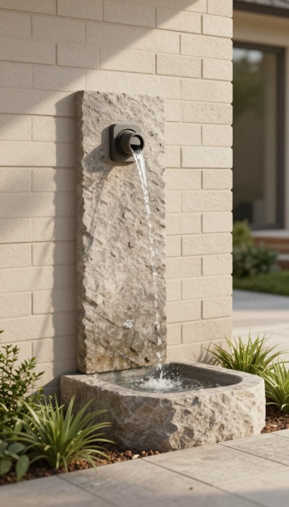 Wall-mounted water fountain flowing beside a narrow front entry walkway with clean landscaping and bright natural light