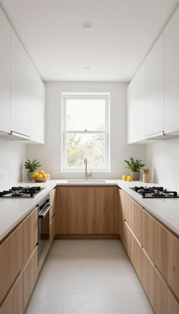 Modern galley kitchen with white upper cabinets and warm wood lower cabinets in bright natural light