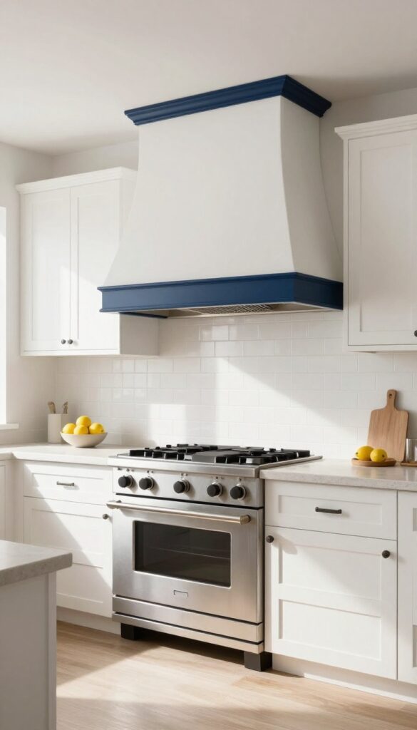 A bright neutral kitchen featuring a custom two-tone range hood cover with a warm white body and deep navy trim, centered above a stainless steel stove and white subway tile backsplash.