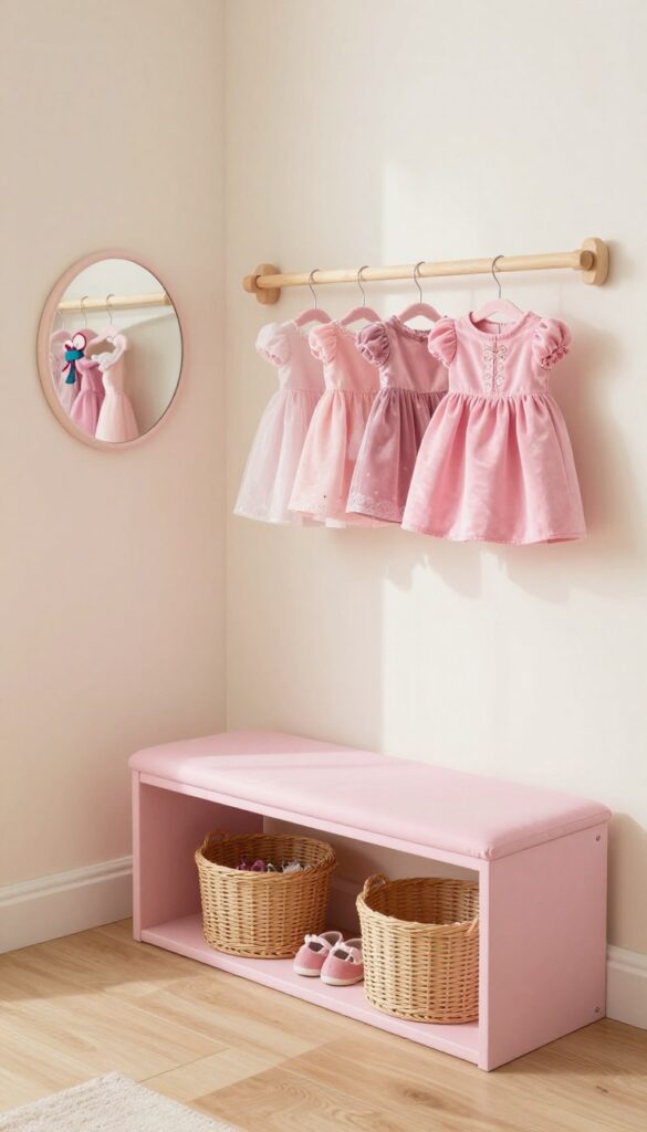 A bright toddler bedroom dress-up station with a low clothing rod holding small princess dresses on padded hangers, a small wall mirror, and a bench with storage bins underneath.