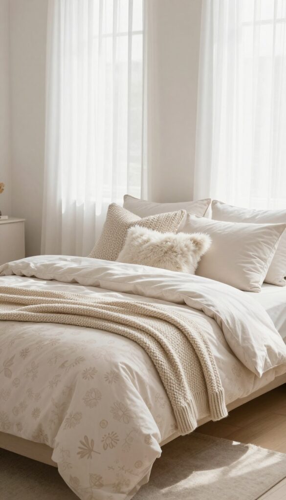Bright teen girl bedroom with a bed styled using layered textiles, including neutral sheets, a patterned duvet, textured throw pillows, and a folded knit blanket at the foot.