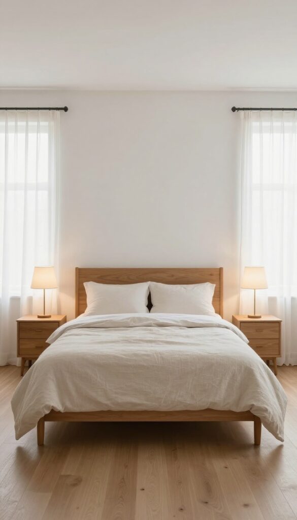 Bright symmetrical bedroom with a centered bed, matching nightstands and lamps on both sides, equal walking space, and soft natural light for a balanced shared layout.