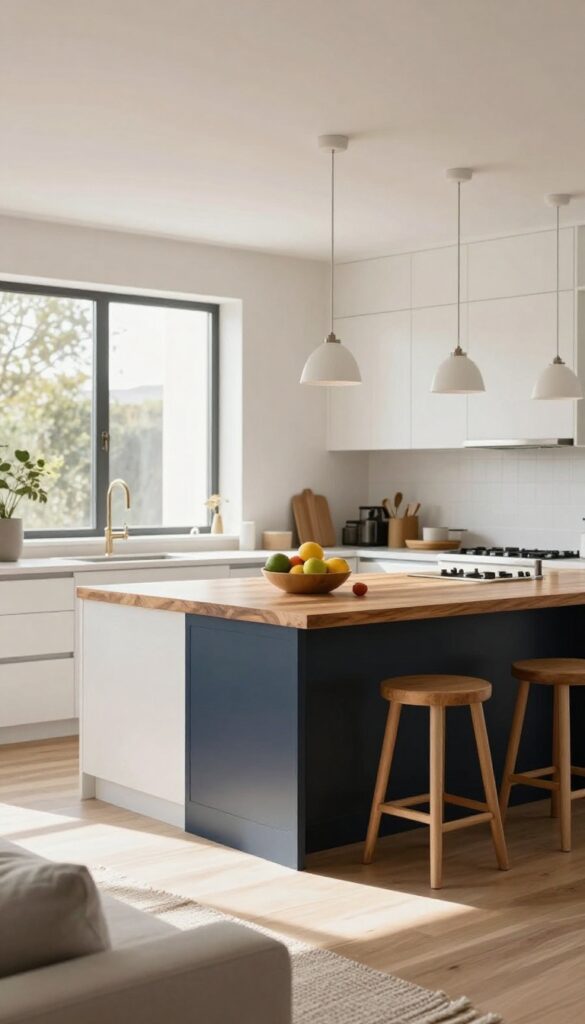 Bright open-plan kitchen with a two-tone island and butcher block countertop separating the cooking area from a living space, with bar stools and pendant lights above.