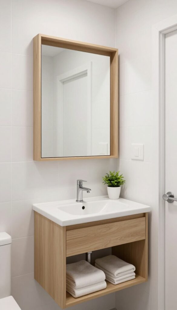 Bright small bathroom with a recessed mirror cabinet sitting flush with the wall above a white vanity, creating a clean uninterrupted wall line and an open, airy feel.