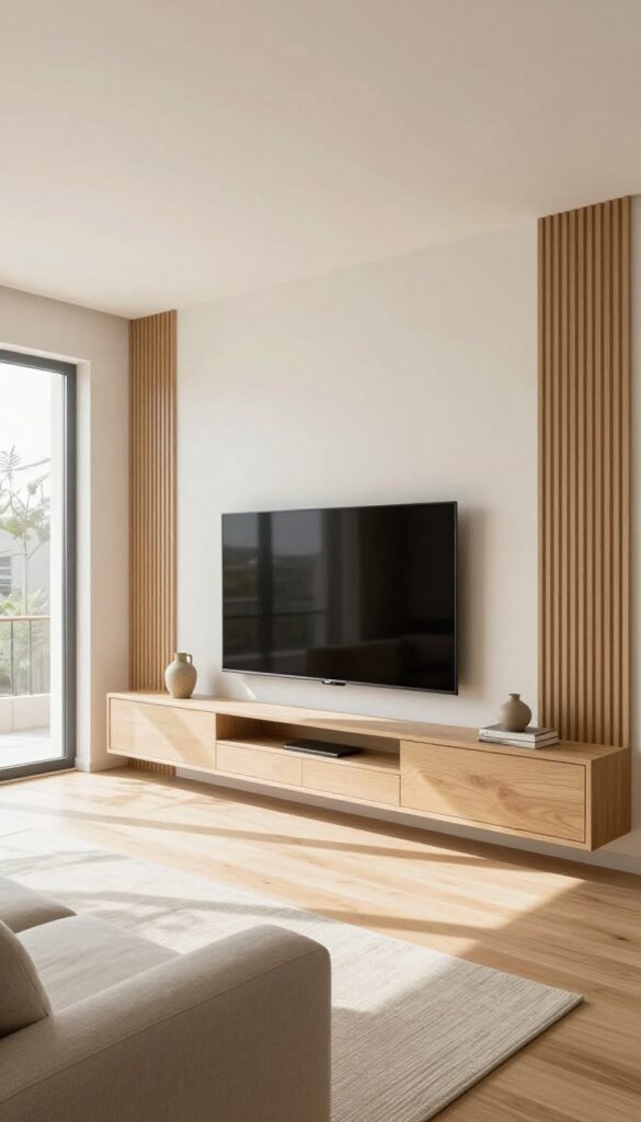 Bright modern living room with a floor-to-ceiling built-in TV wall unit painted the same white as the wall, closed lower cabinets, minimal open shelving, and subtle wood slat accents creating a seamless sleek look.