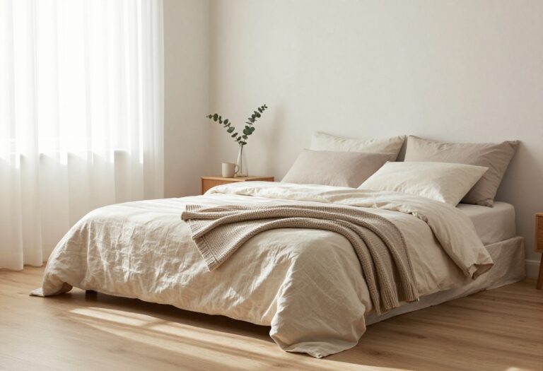 Bright neutral bedroom with layered cream and taupe bedding, a knit throw, and soft natural light for a calm, restful feel